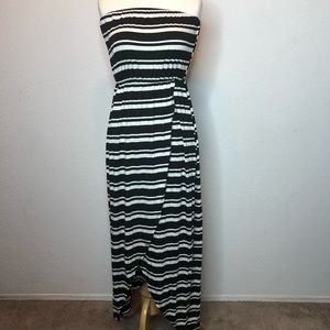 Black and white striped strapless maxi dress